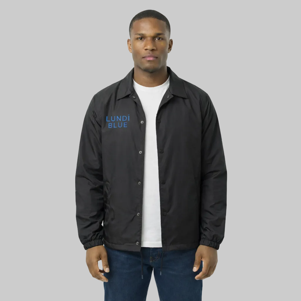 Lundi Blue Embroidered Dark Blue Logo Antique Brass Snaps Coaches Jacket